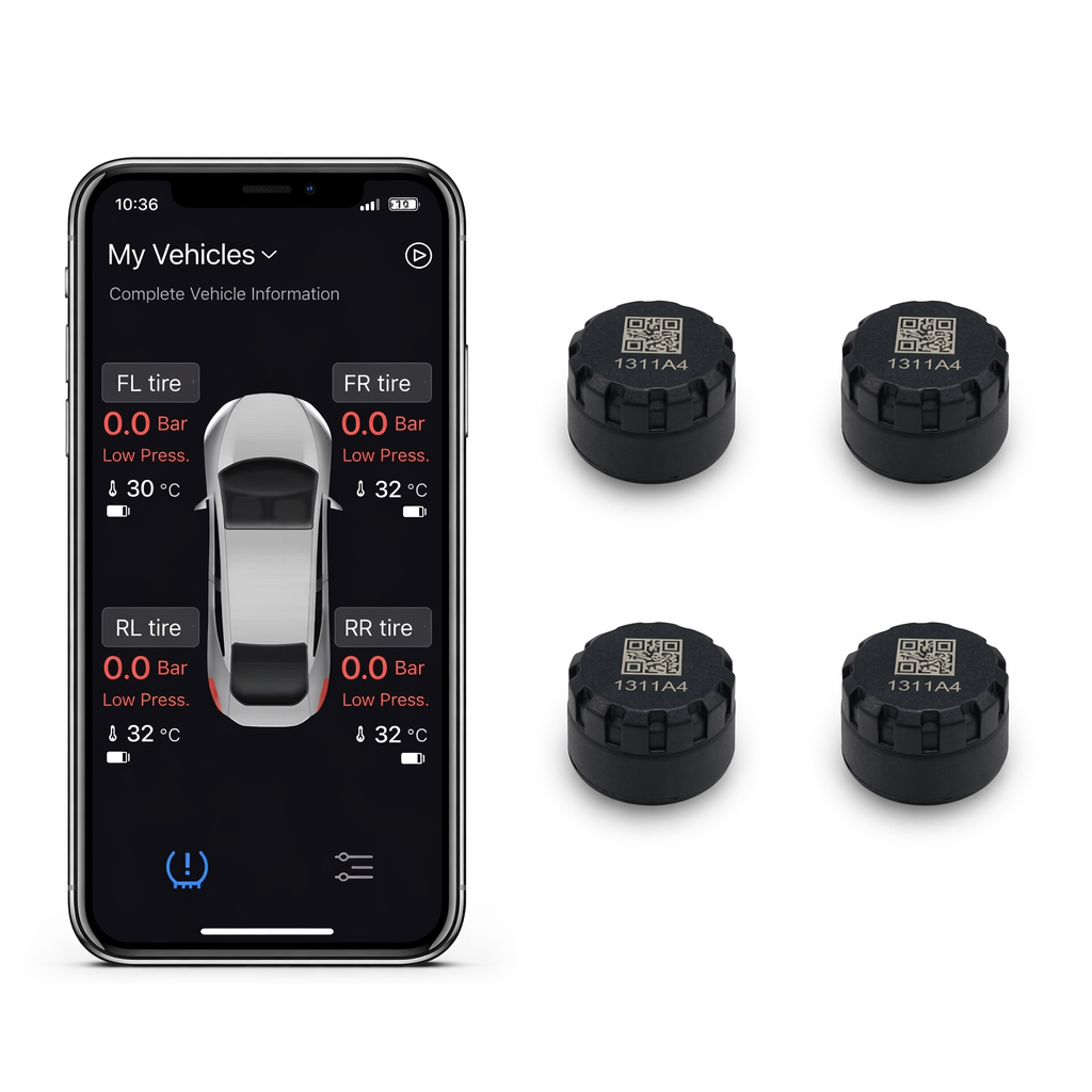 External Bluetooth TPMS cap sensors with smartphone tire pressure monitoring app