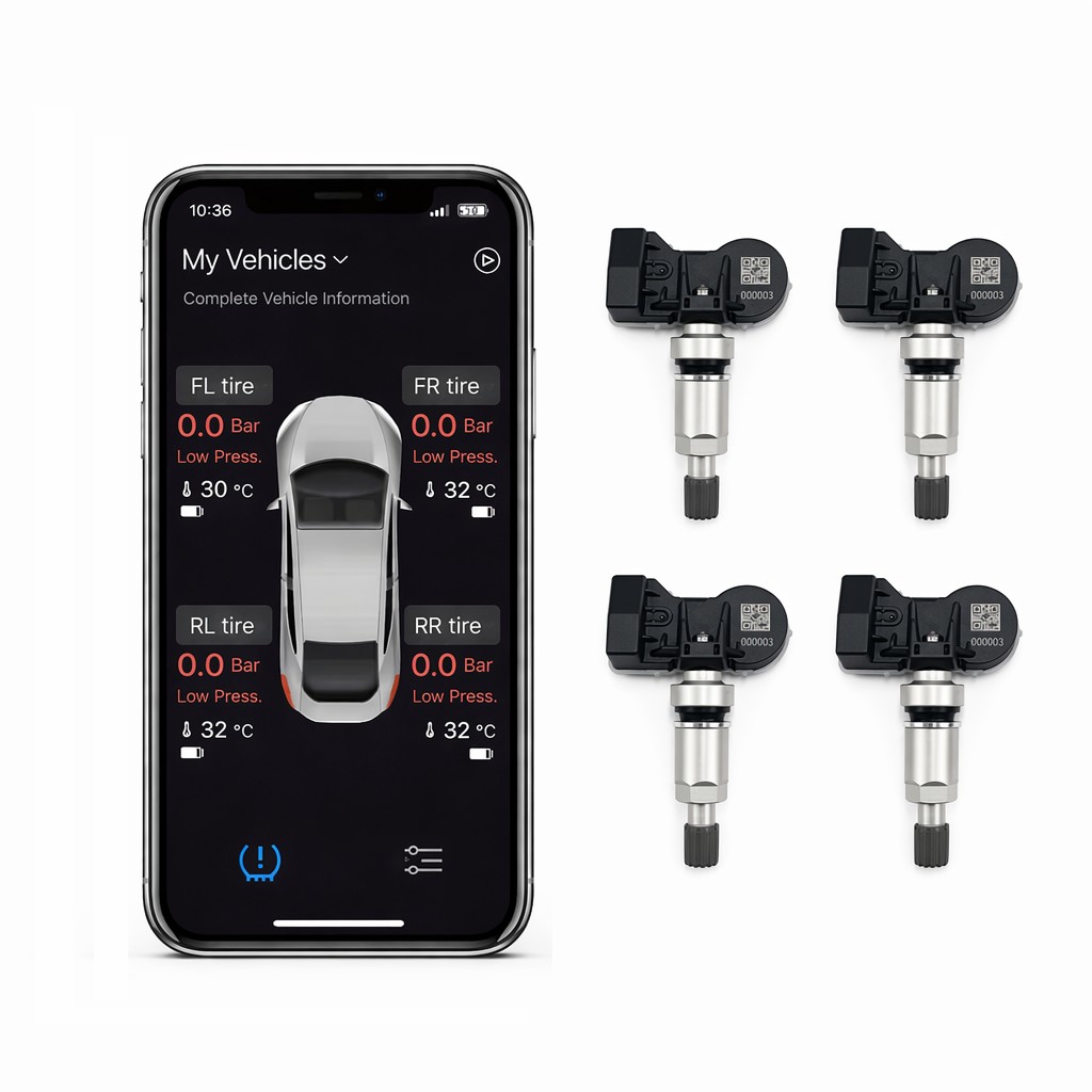 Internal valve-mounted Bluetooth TPMS sensors with iOS and Android app