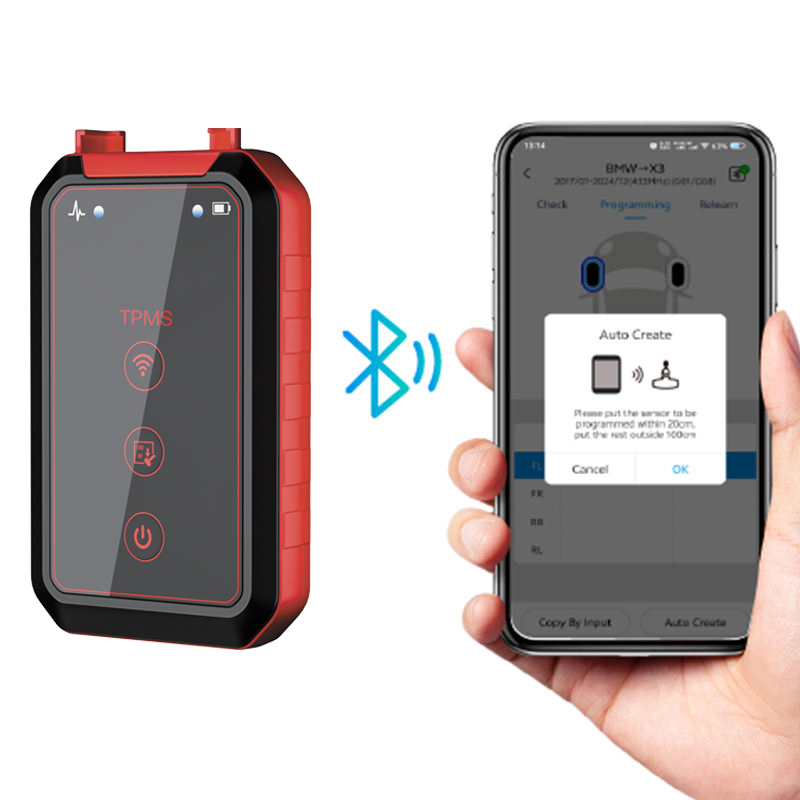 Bluetooth TPMS program tool connected to smartphone app for universal sensor programming