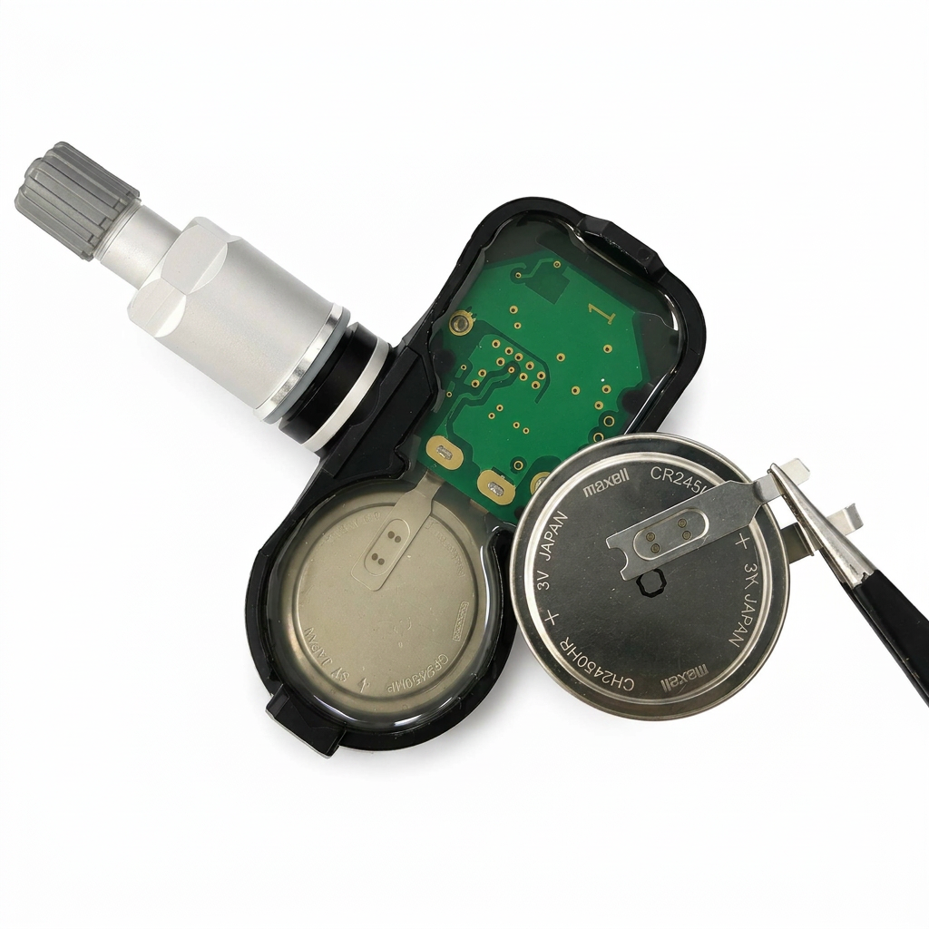 Open TPMS sensor with CR2450 battery and printed circuit board