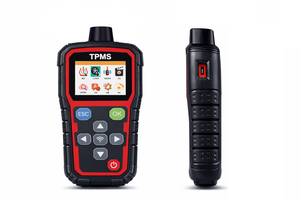 Handheld TPMS program tool with front and side views