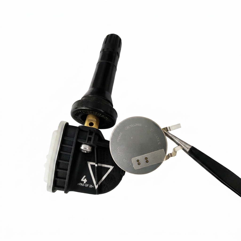 Disassembled TPMS sensor showing CR2032 battery, valve and internal electronics