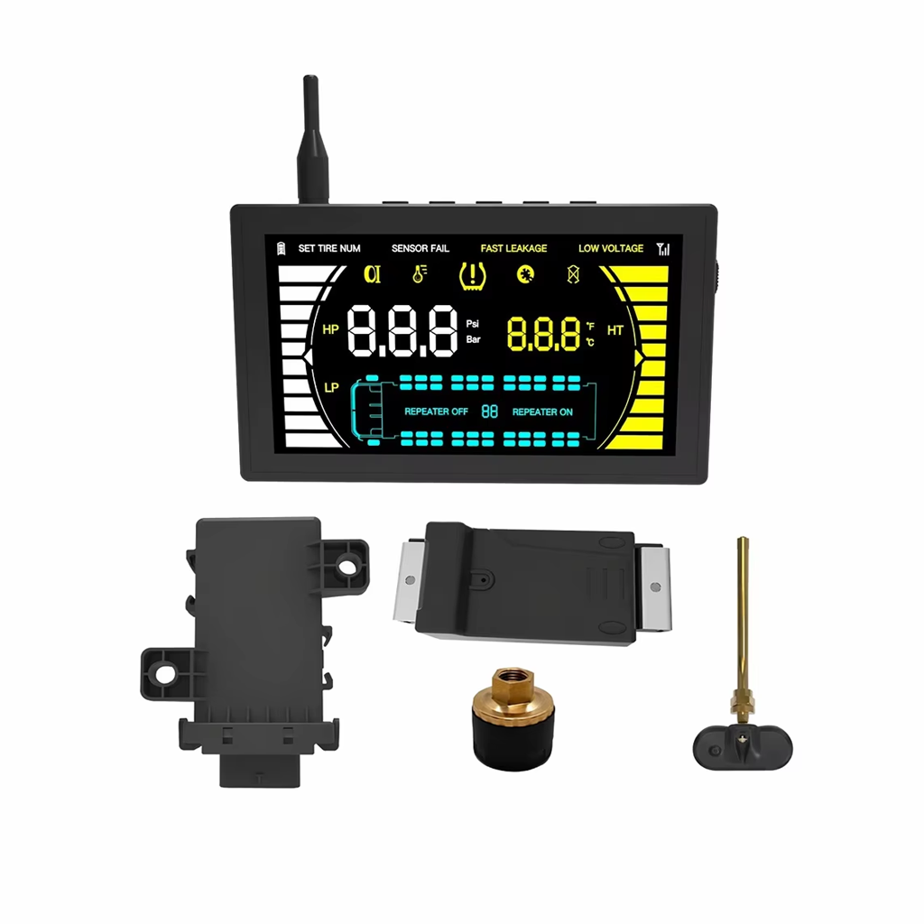 Truck TPMS system with display, receiver and tire pressure sensors