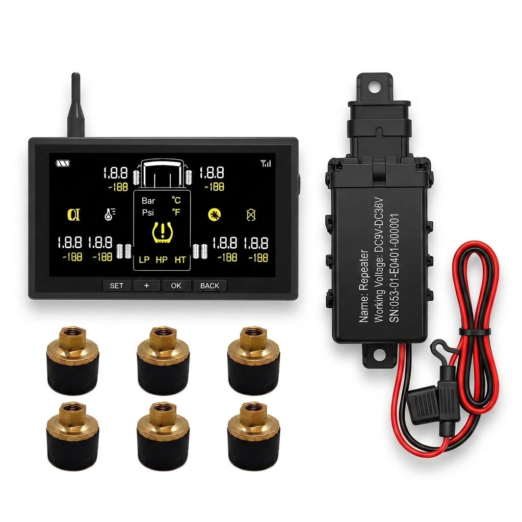 Bus TPMS display, repeater and six external sensors for public transport and school buses