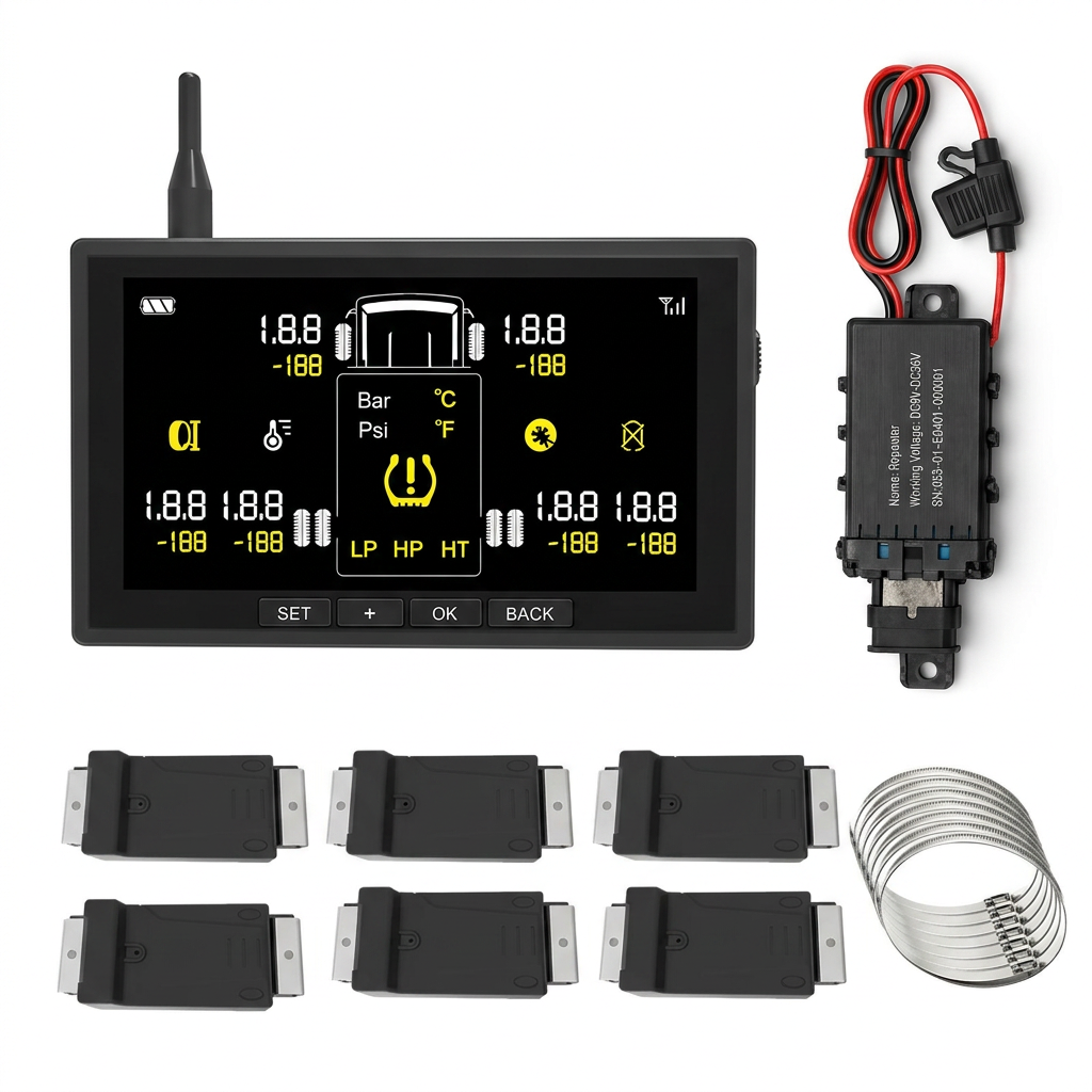 Bus TPMS display, repeater and six internal banded sensors for heavy-duty bus fleets