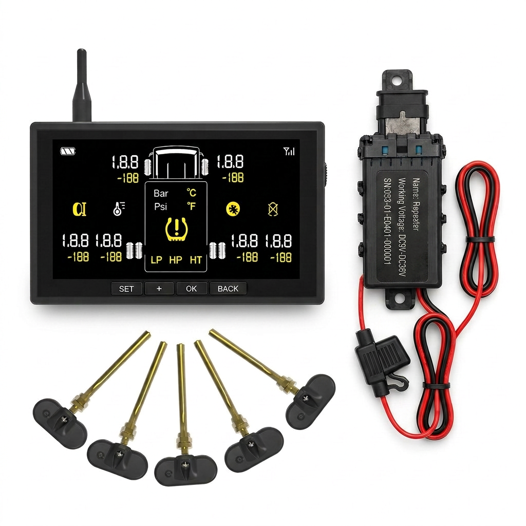 Bus TPMS display, repeater and six internal valve sensors for commercial buses