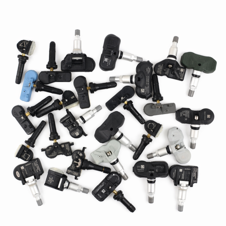 OEM and universal TPMS sensors with valve stems for replacement comparison