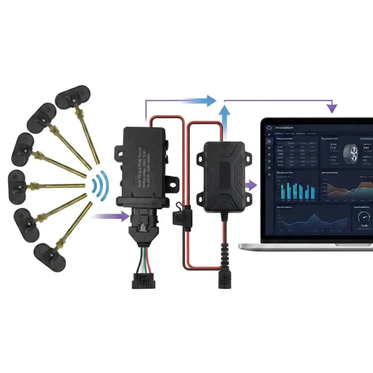 Arvov TPMS sensors, receiver and telematics gateway connected to a cloud fleet management dashboard