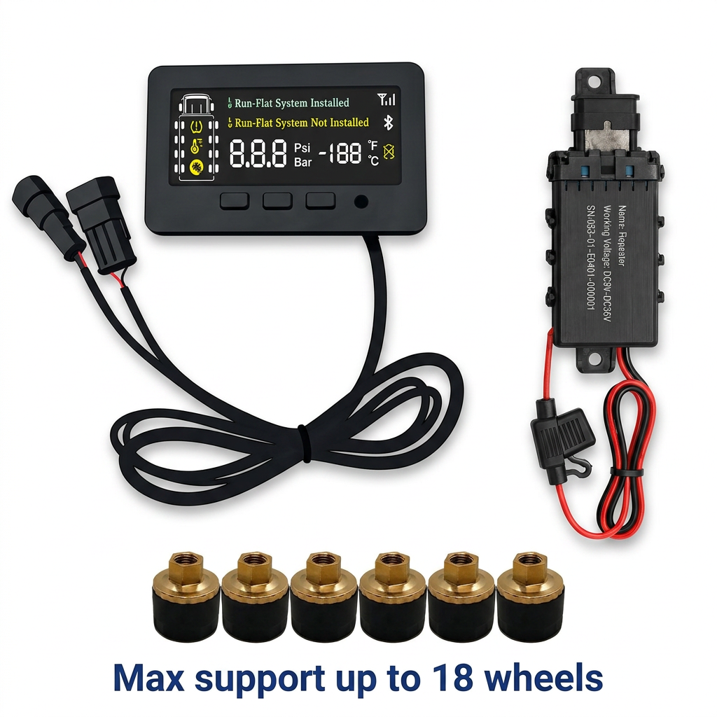 Trailer TPMS display, smart repeater and external tire pressure sensors for up to 18 wheels