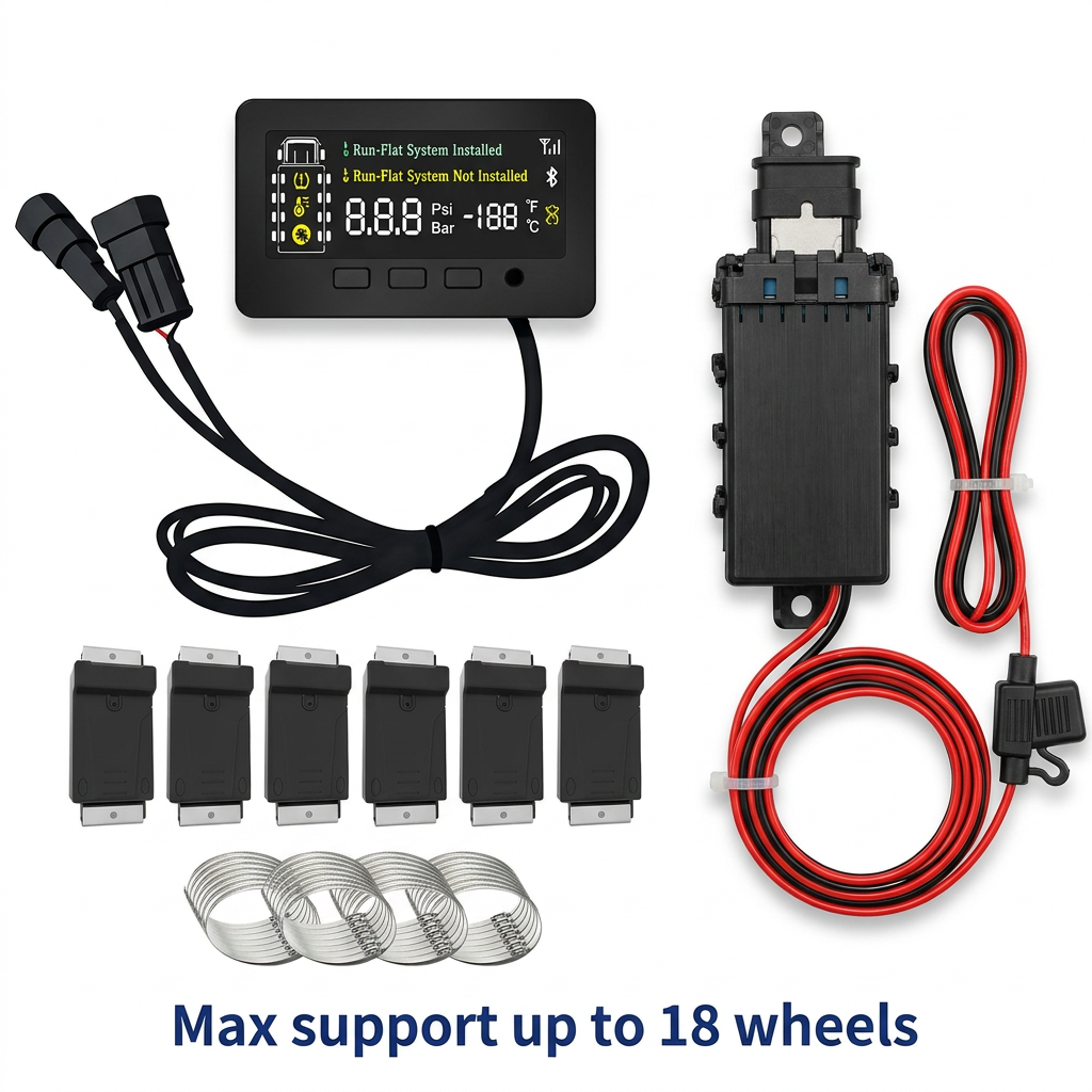 Trailer TPMS display, smart repeater and internal banded sensors for up to 18 wheels