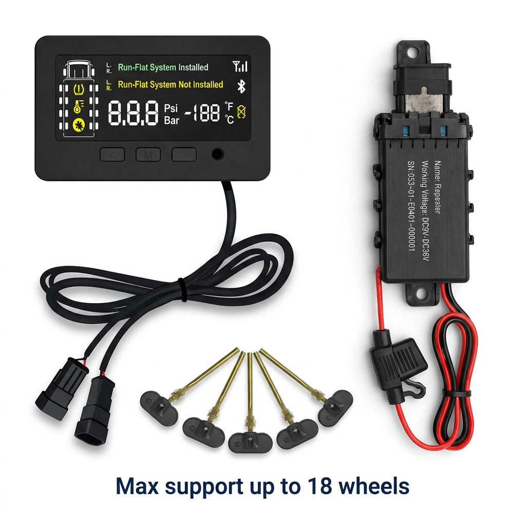 Trailer TPMS display, smart repeater and internal valve sensors for up to 18 wheels