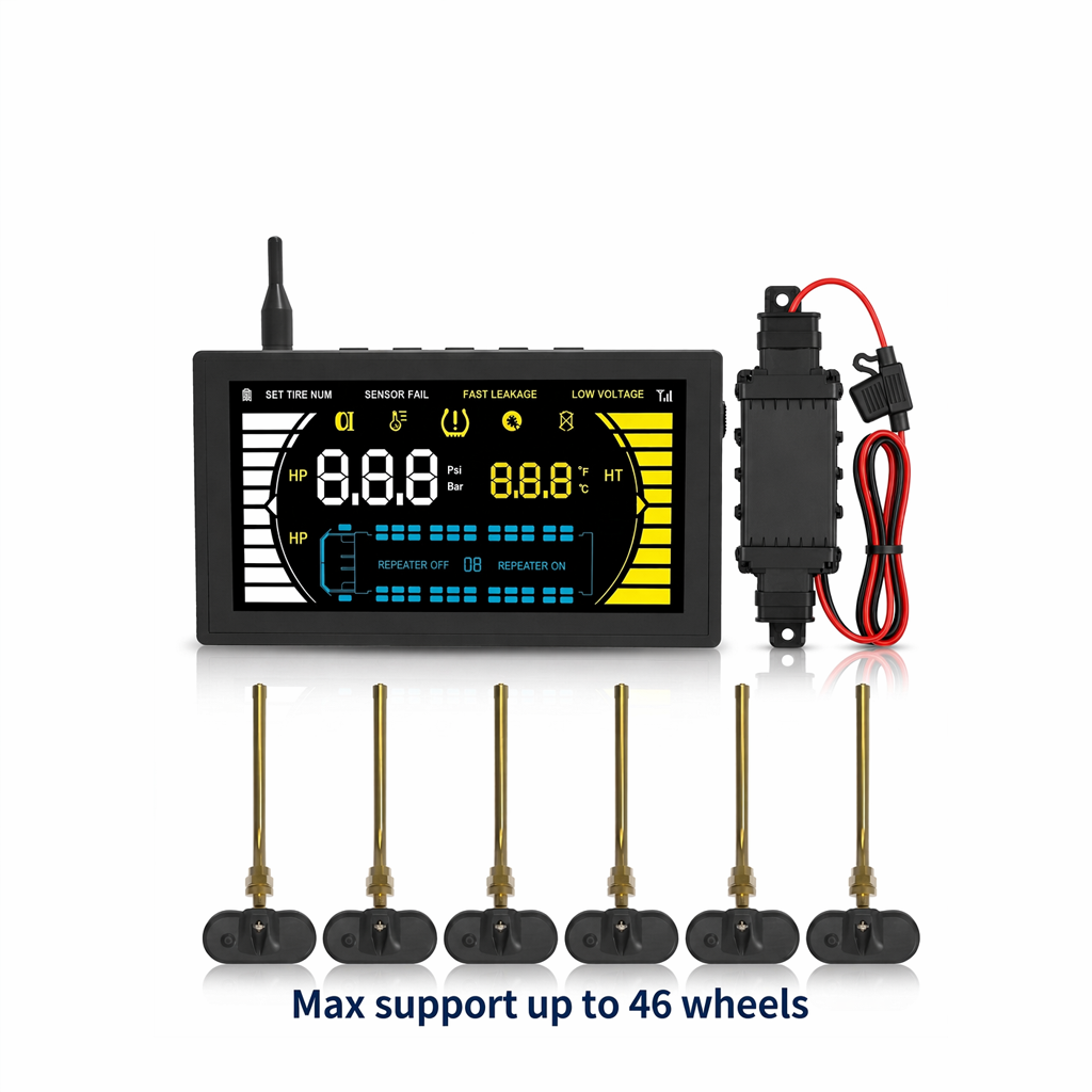Truck TPMS display with internal valve, banded and external sensor kits