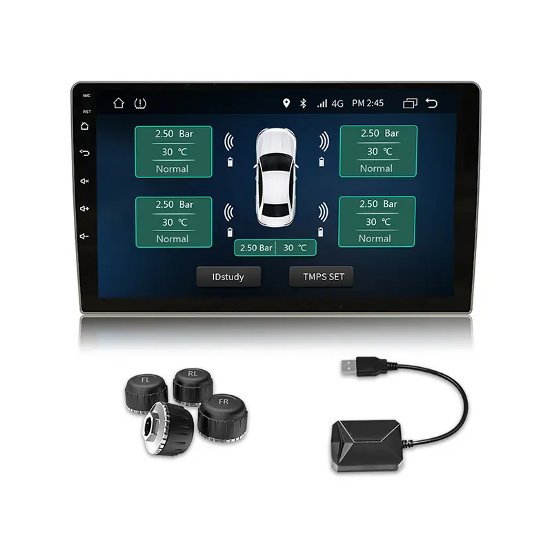 Android USB TPMS kit with four external valve-stem tire pressure sensors
