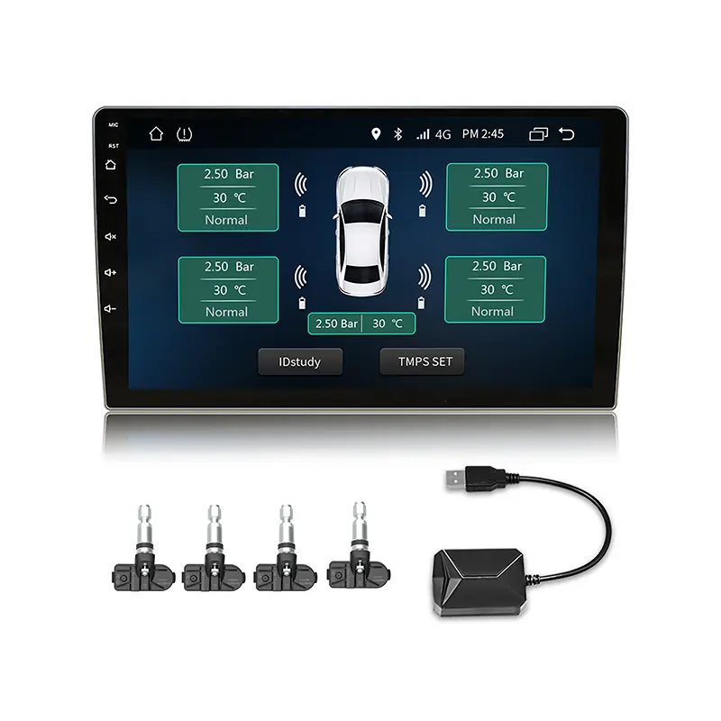 Android USB TPMS kit with four internal valve-mounted tire pressure sensors