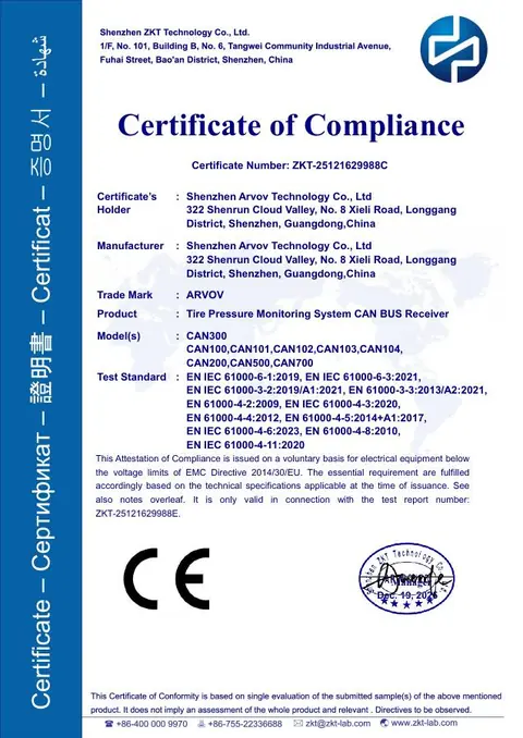 CAN Bus Receiver CE Certificate issued to Shenzhen Arvov Technology