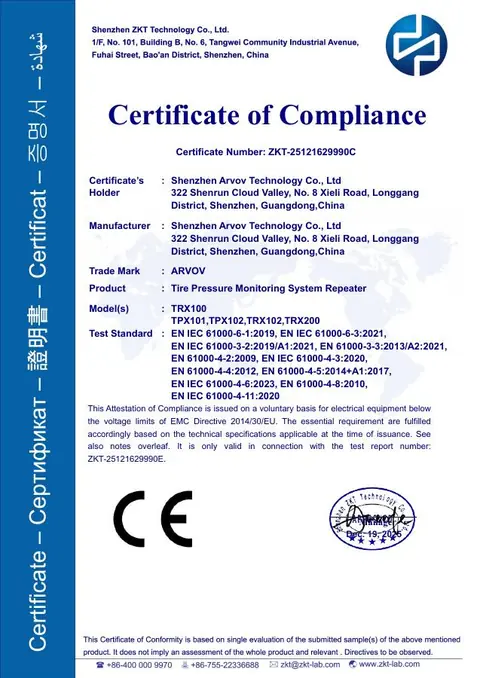 TRX100 TPMS Receiver CE Certificate issued to Shenzhen Arvov Technology