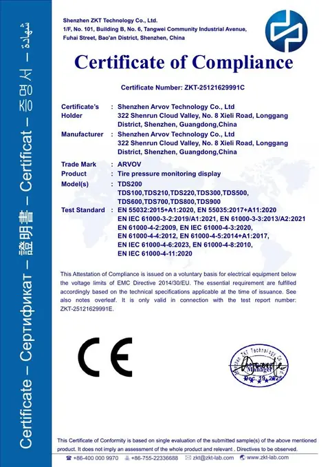 TDS200 TPMS Display CE Certificate issued to Shenzhen Arvov Technology