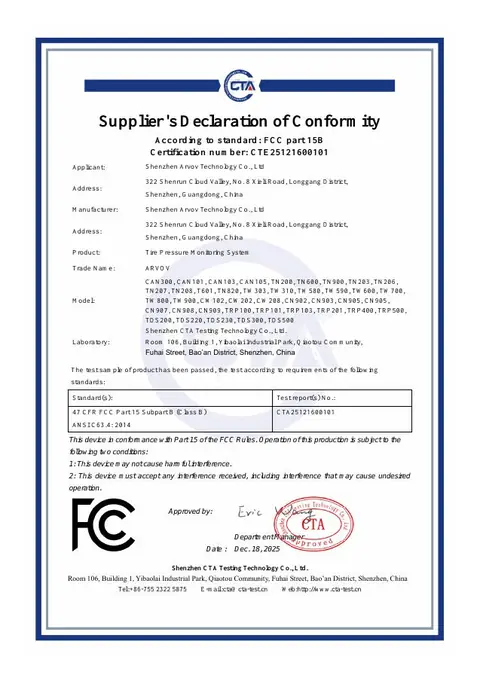 TPMS FCC Part 15B Declaration issued to Shenzhen Arvov Technology