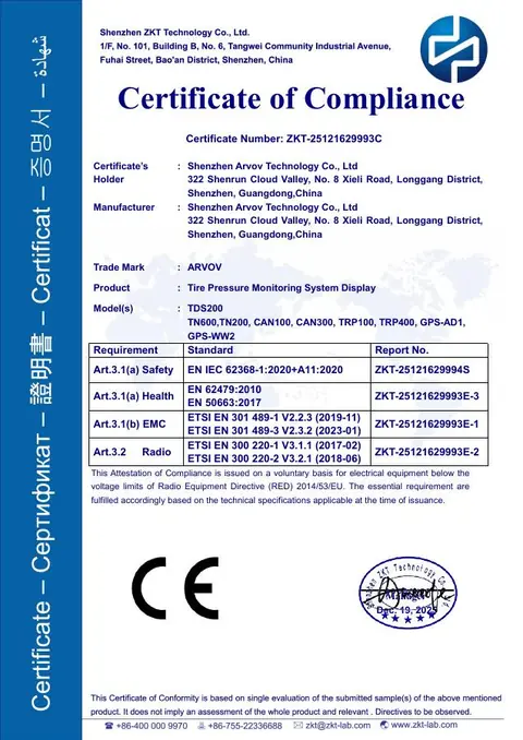 TDS200 TPMS Display RED Certificate issued to Shenzhen Arvov Technology