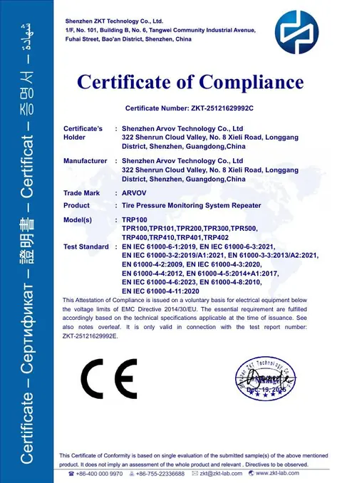 TRP100 TPMS Repeater CE Certificate issued to Shenzhen Arvov Technology
