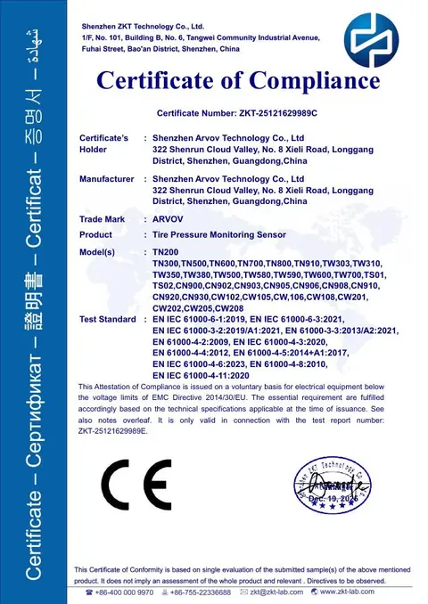 TN200 TPMS Sensor CE Certificate issued to Shenzhen Arvov Technology