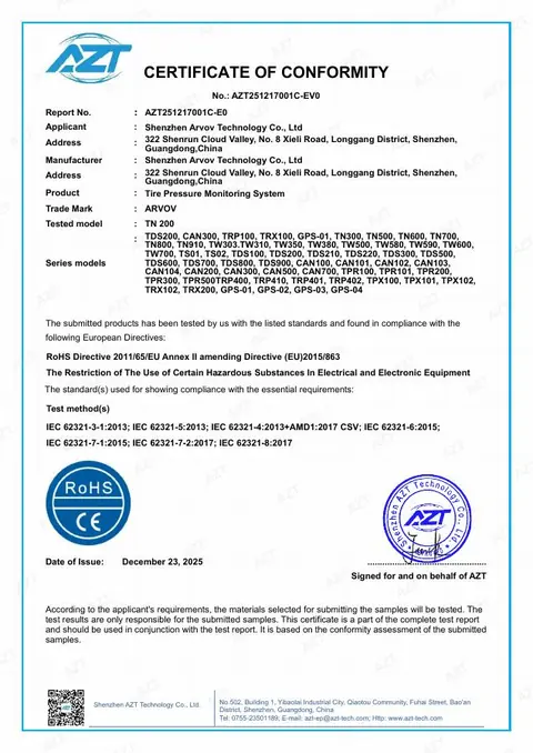 TN200 TPMS Sensor RoHS Certificate issued to Shenzhen Arvov Technology