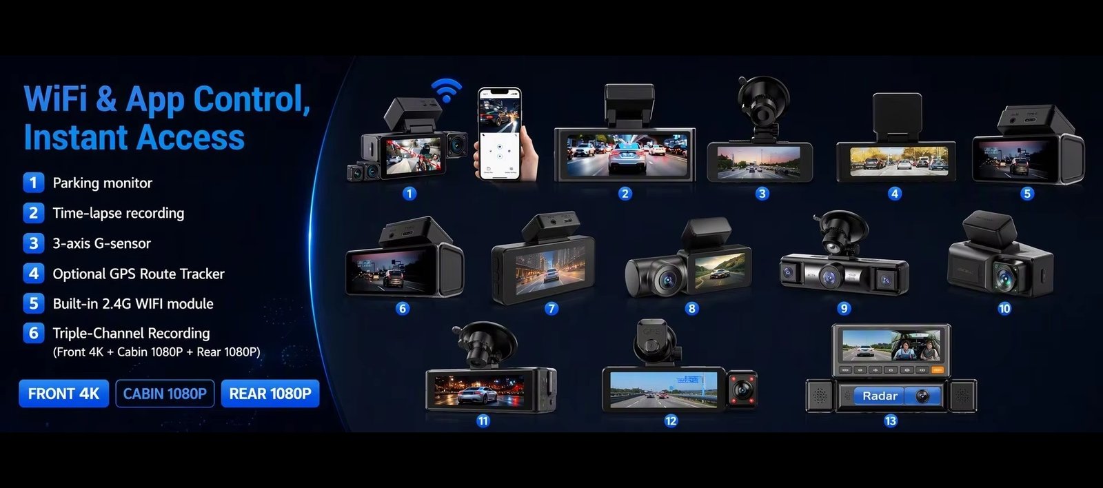 Car dash cam lineup with WiFi app control and front, cabin and rear recording