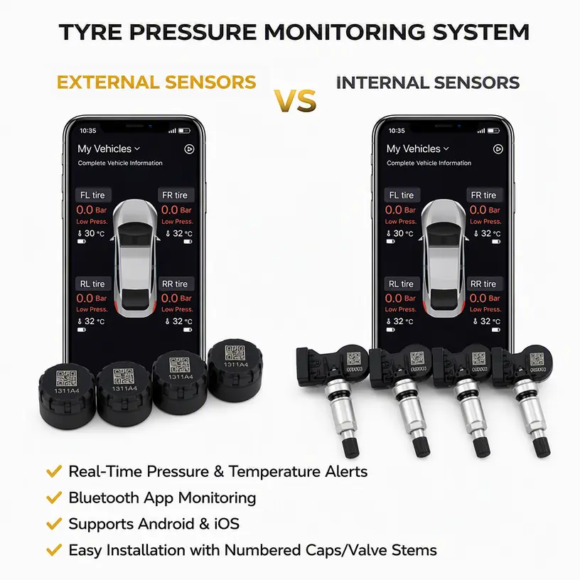 External TPMS sensors compared with internal TPMS sensors using a Bluetooth tire pressure monitoring app