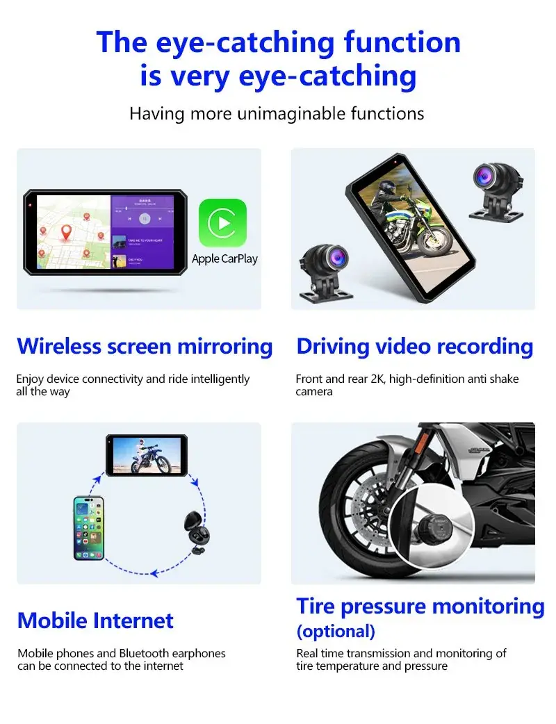 Motorcycle CarPlay display features with dual 2K cameras and optional TPMS