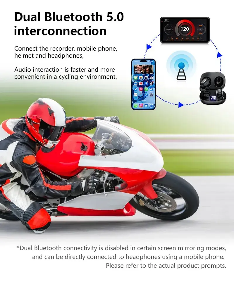 Motorcycle CarPlay display with Bluetooth 5.0 phone and helmet audio connection