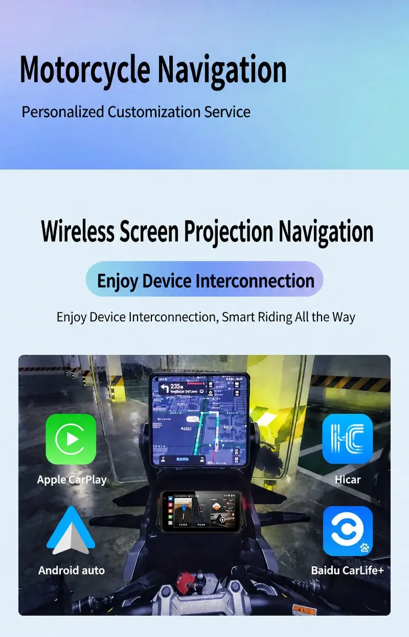 Motorcycle navigation display using Apple CarPlay Android Auto HiCar and CarLife