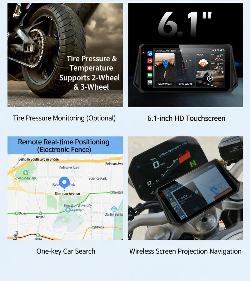 SE501 motorcycle CarPlay display with optional TPMS GPS positioning and 6.1-inch touchscreen
