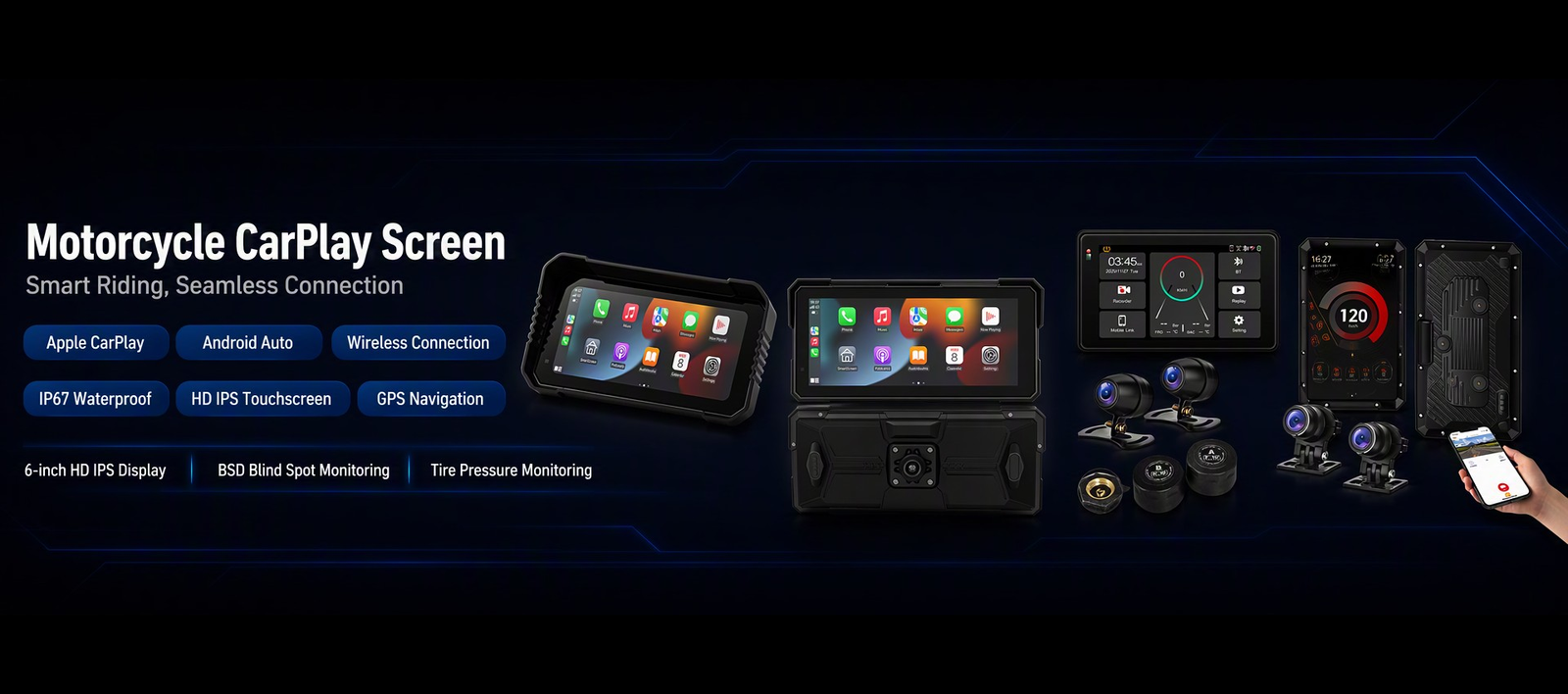 Motorcycle CarPlay screen with Android Auto, BSD cameras and tire pressure monitoring