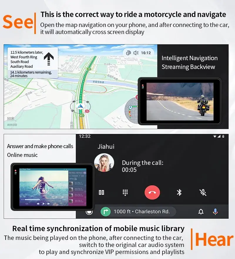Motorcycle display showing navigation, rear-view video, calls and music controls