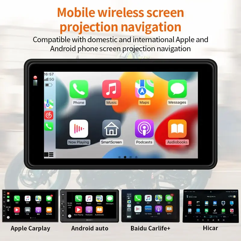 Motorcycle CarPlay screen projection showing CarPlay, Android Auto, HiCar and CarLife