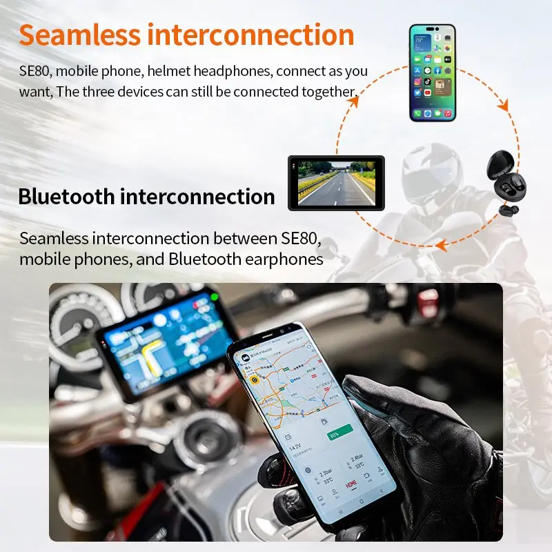 Motorcycle CarPlay display with phone and Bluetooth connectivity illustration
