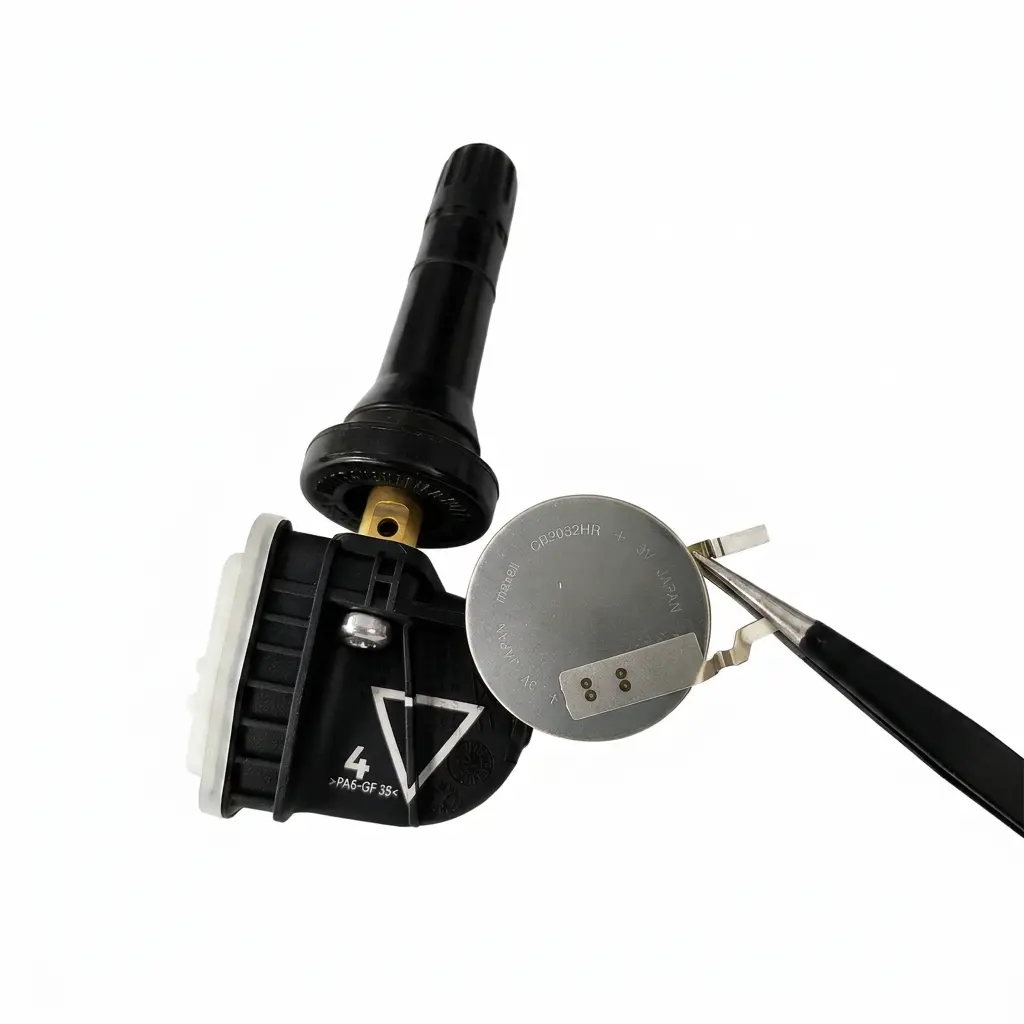 Disassembled TPMS sensor showing battery, valve, and internal electronics