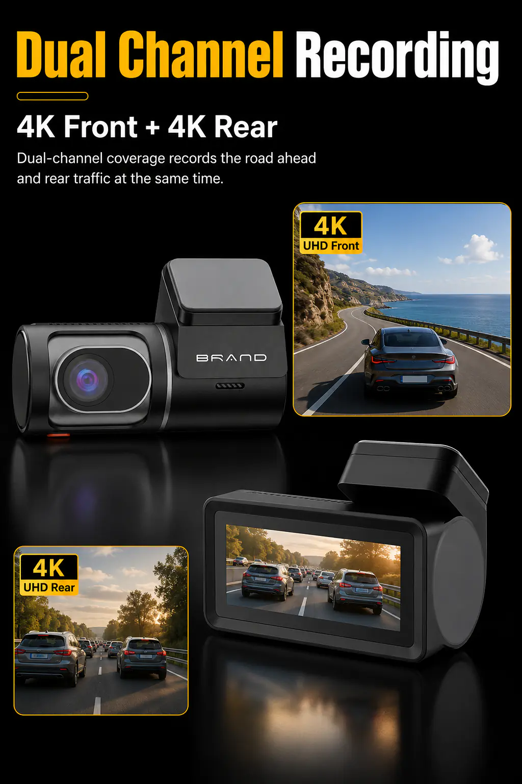 MXC-851 4K dual channel dash cam front and rear camera detail