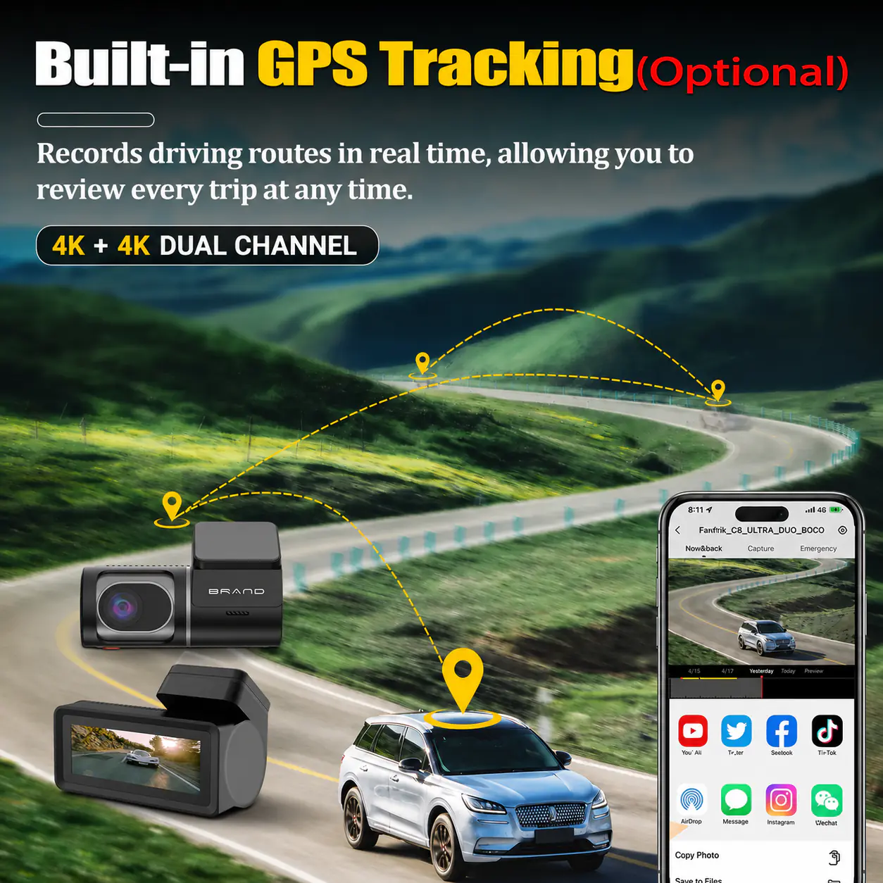 MXC-851 dual channel dash cam with optional GPS tracking and route review