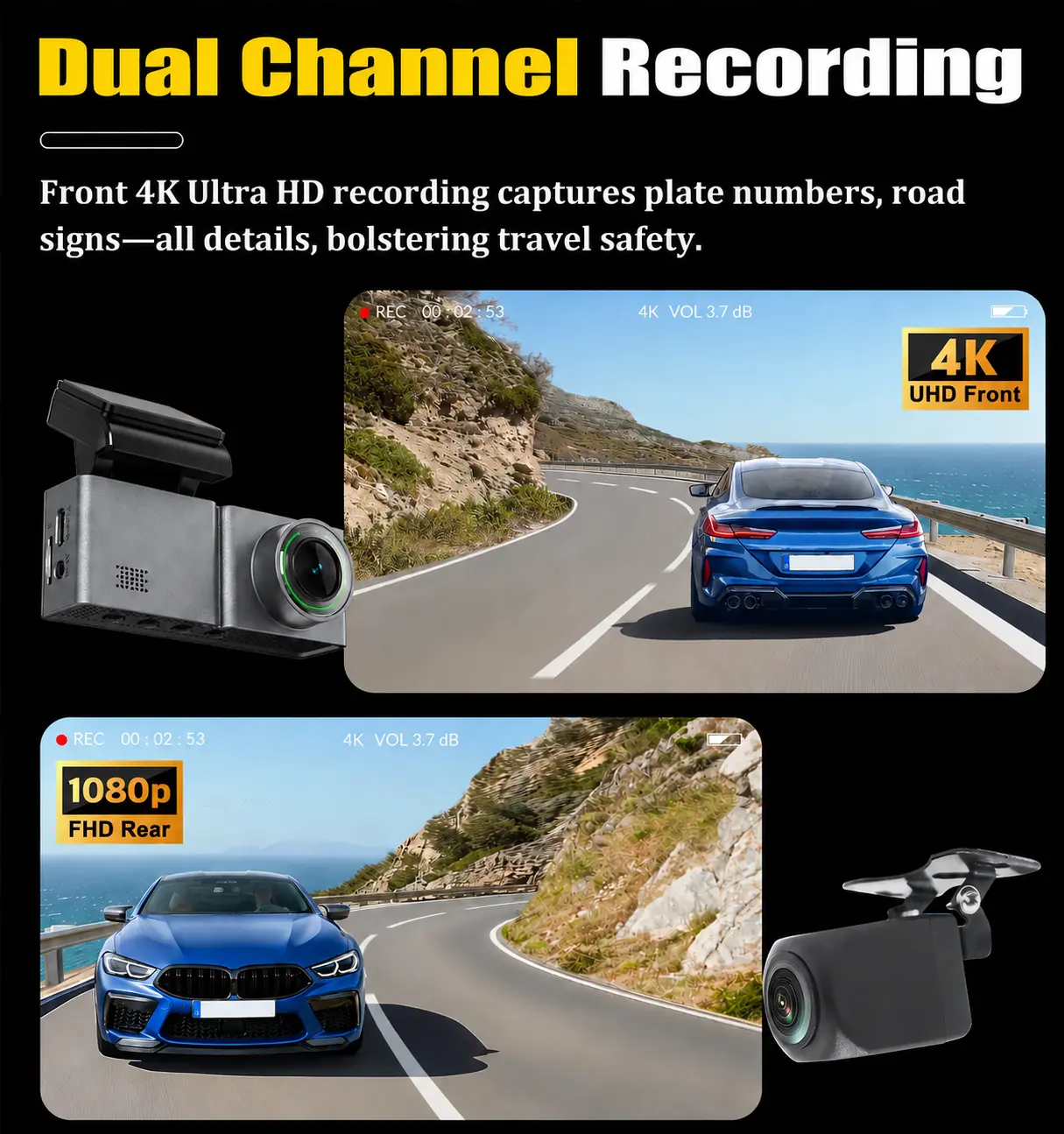 MXC-816 dual channel dash cam with front 4K and rear 1080P recording
