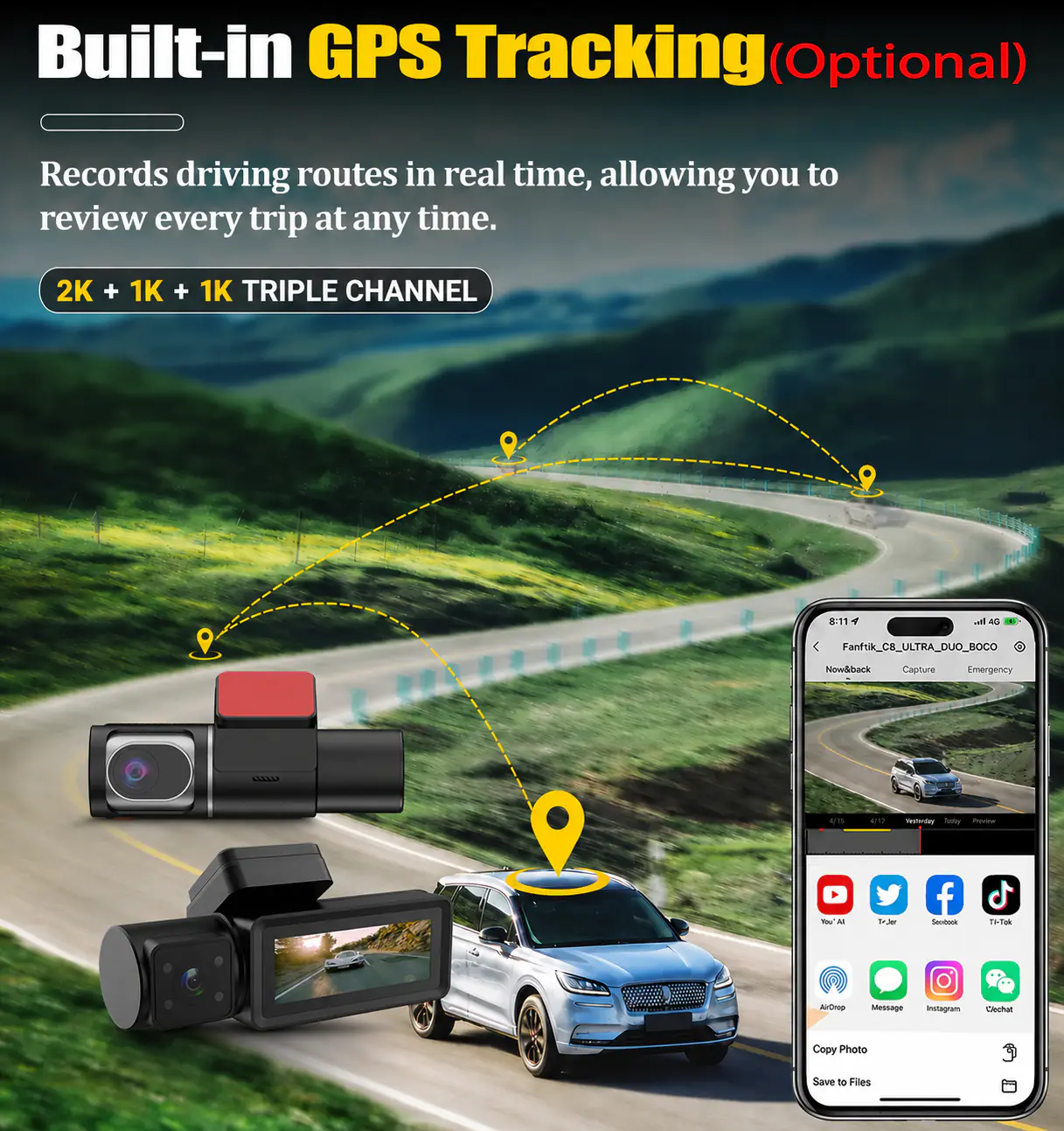 MXC-849 triple channel dash cam with optional GPS tracking and route review