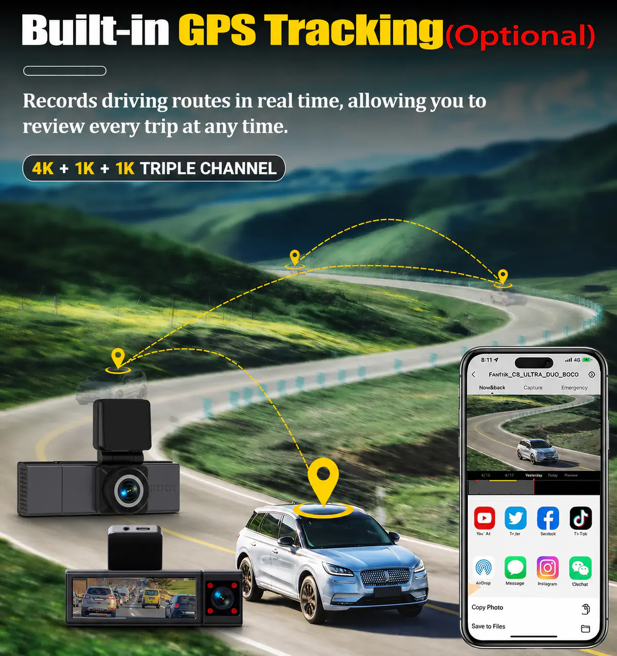 MXC-847 triple channel dash cam with optional GPS tracking and route review