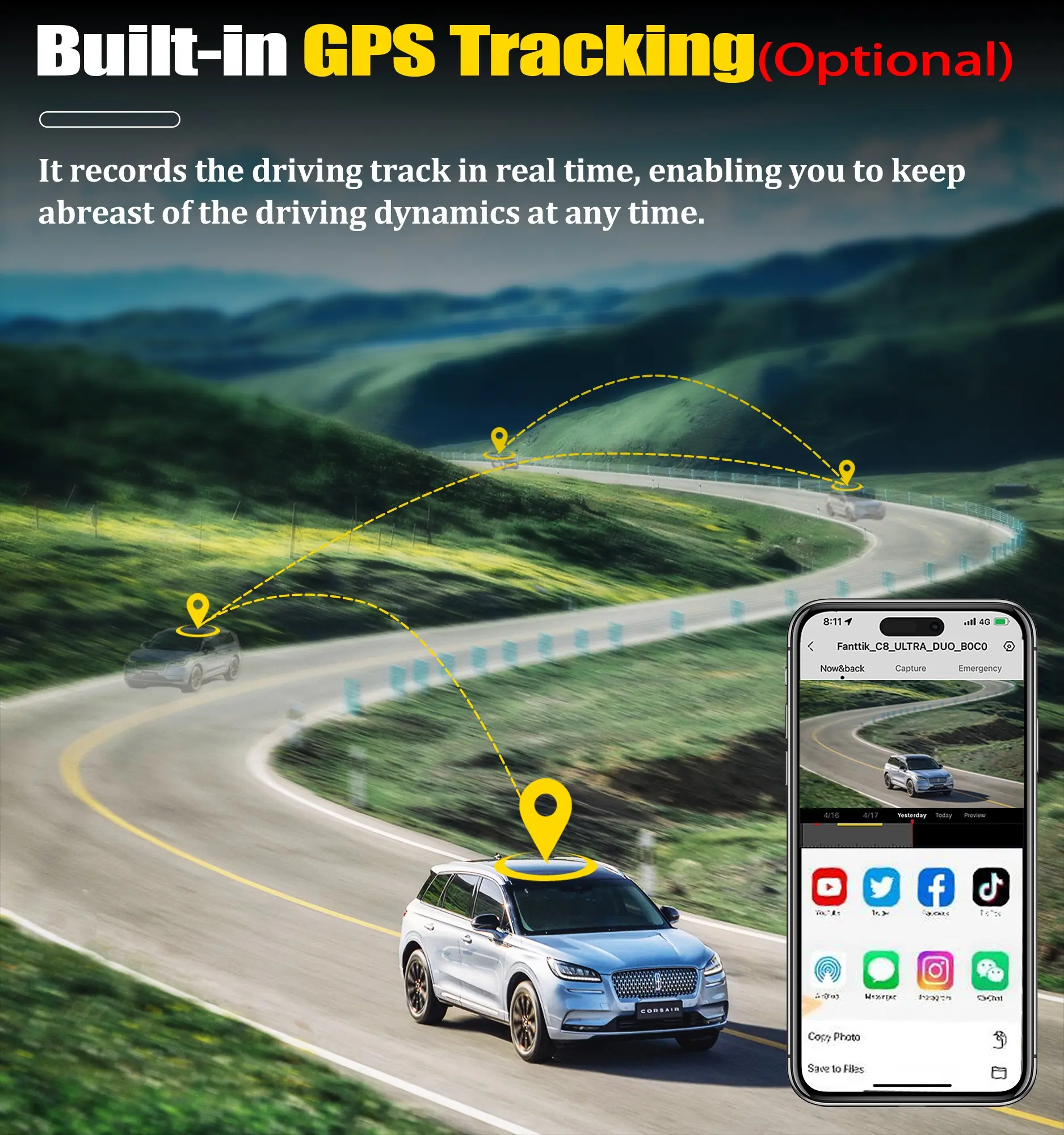 MXC-816 dash cam optional GPS tracking and driving route review