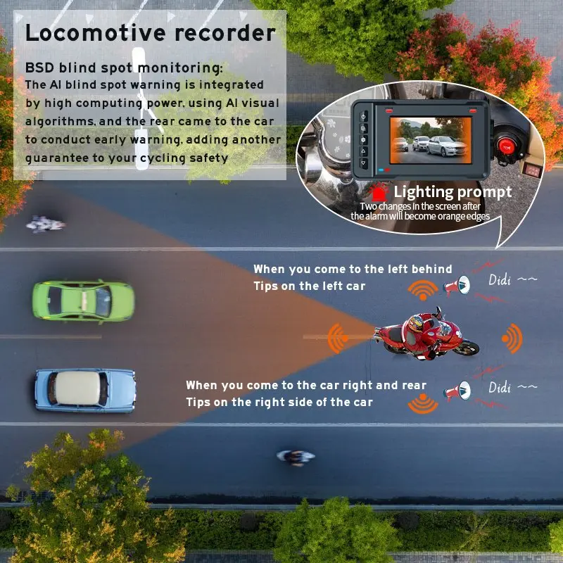 SE70 motorcycle dash cam BSD blind spot monitoring and left right vehicle alerts