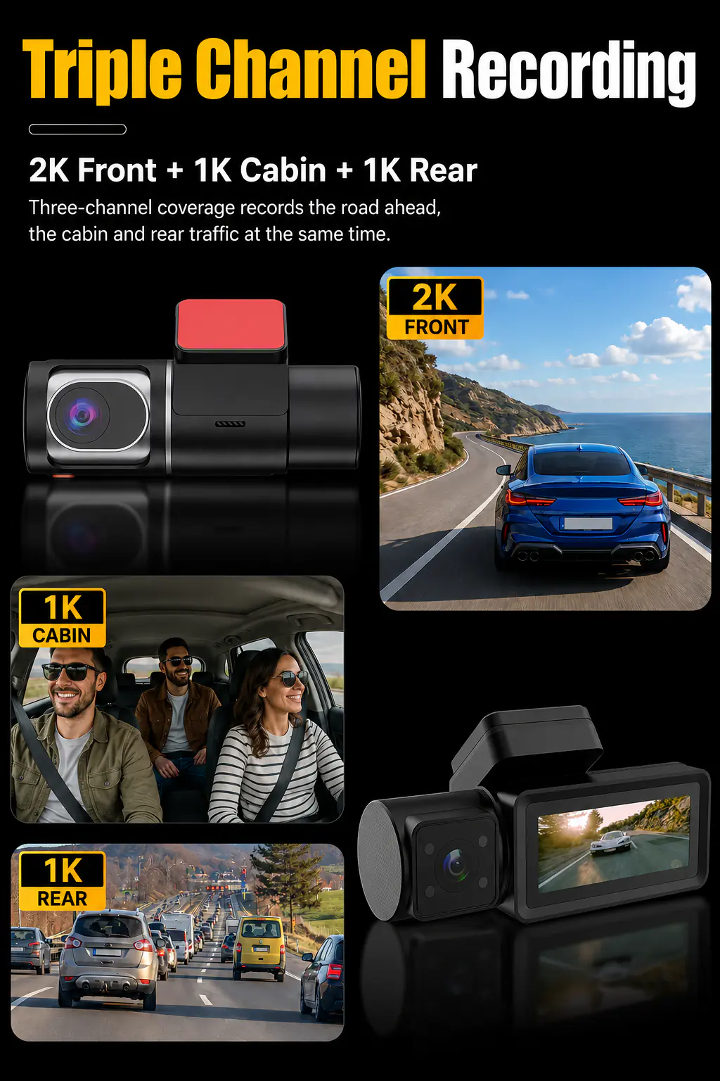 MXC-849 car dash cam with front 2K cabin 1K and rear 1K recording
