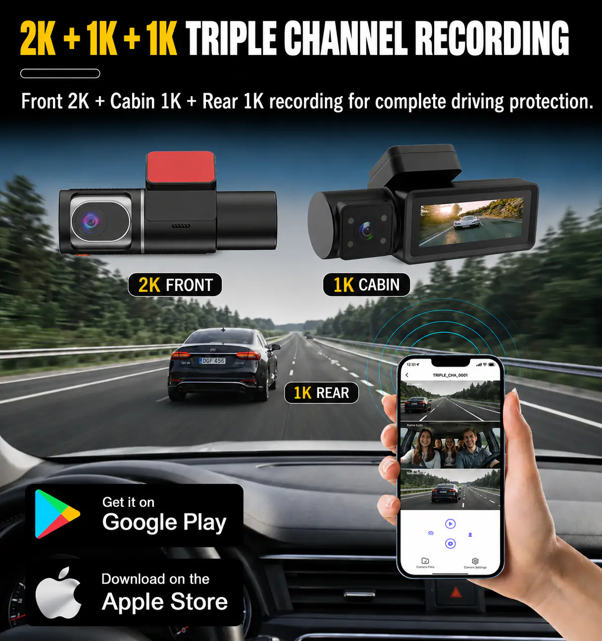 MXC-849 triple channel dash cam with 2.4GHz Wi-Fi and mobile app control