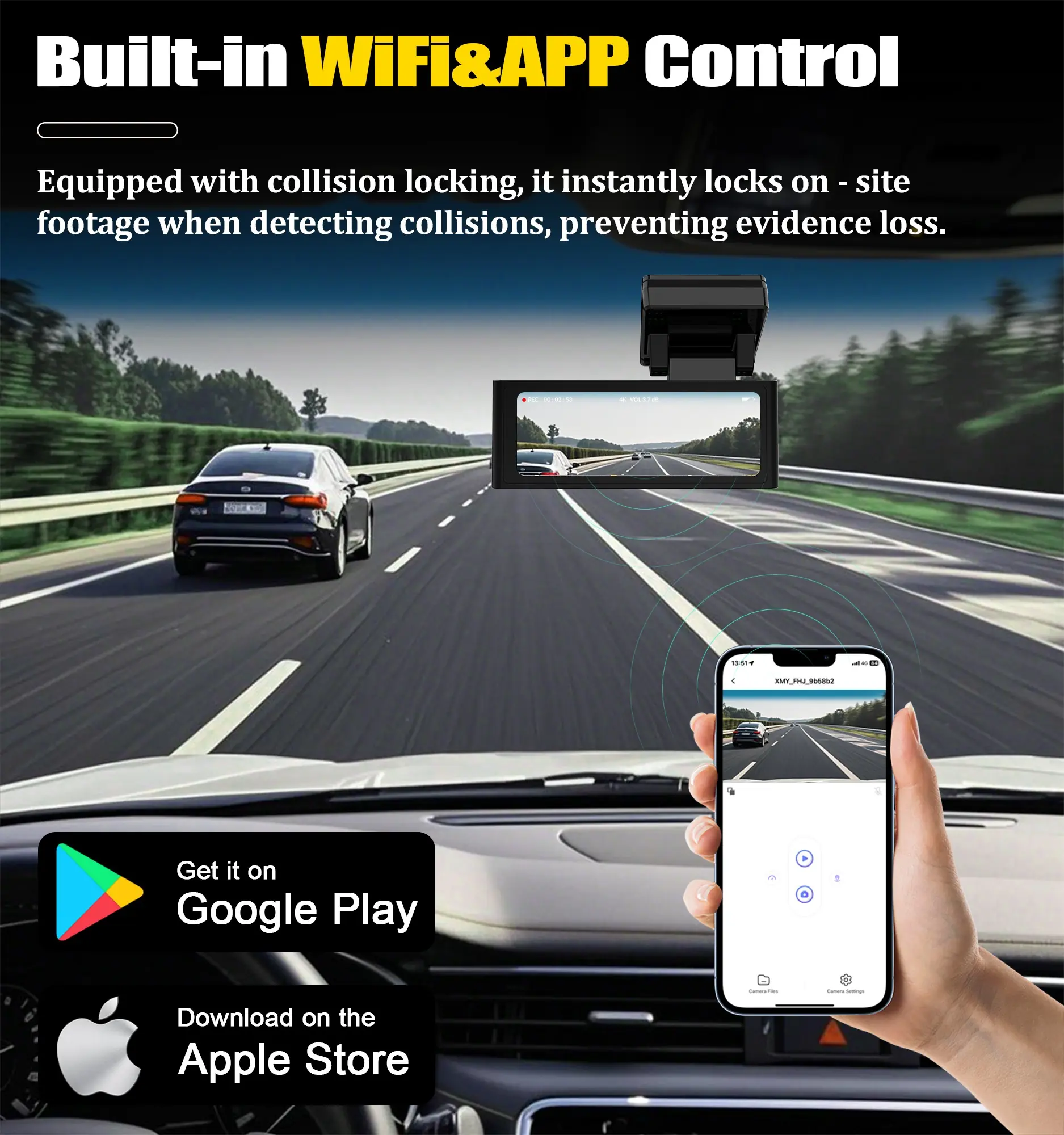 MXC-816 car dash cam with built-in 2.4GHz Wi-Fi and mobile app control