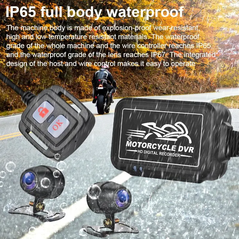 SE3 motorcycle dashcam with IP65 main unit wired remote and IP67 cameras