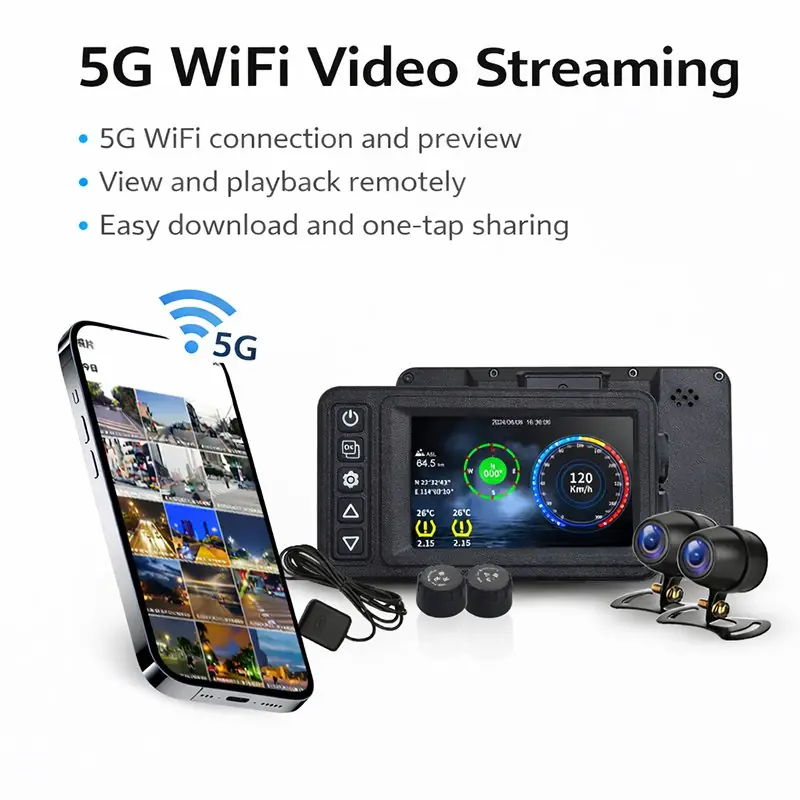 SE75 5GHz Wi-Fi motorcycle dashcam mobile video preview playback download and sharing
