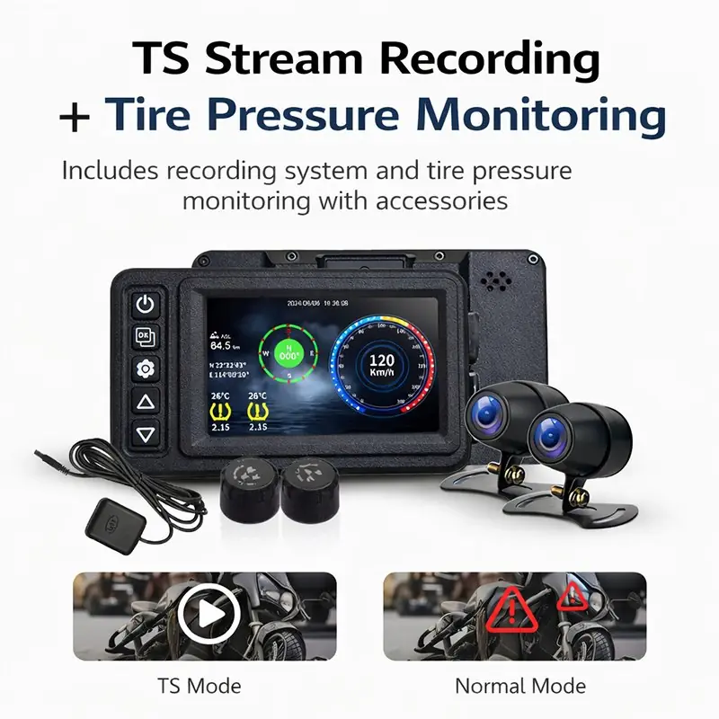 SE75 motorcycle dashcam TS stream recording and optional tire pressure monitoring modes